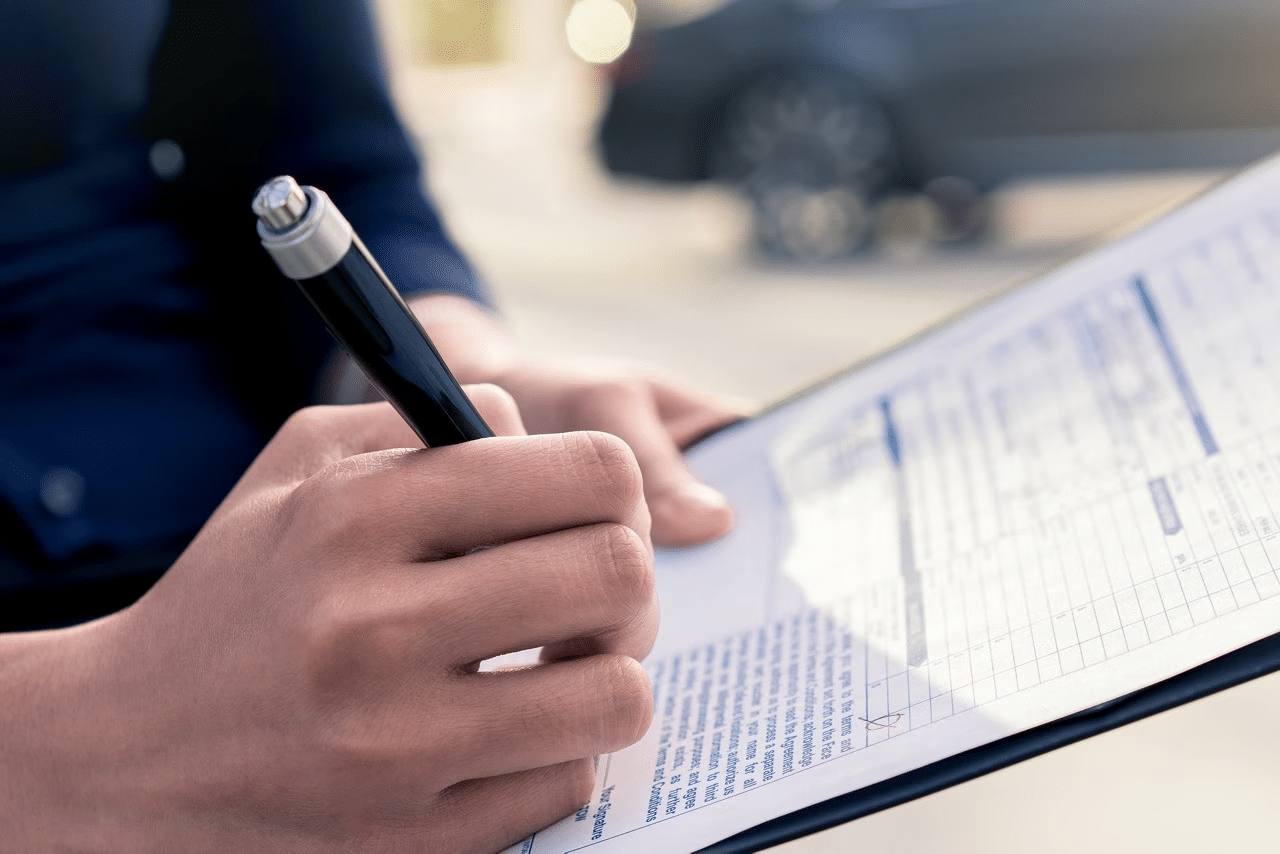 Close-up of a person signing a document on a clipboard outdoors, emphasizing paperwork and legal forms.