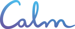 "Calm logo in blue gradient cursive, representing meditation and relaxation brand."