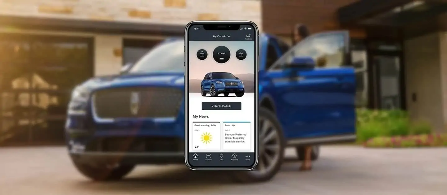 Smartphone displaying app controls for a blue SUV, emphasizing car technology integration.